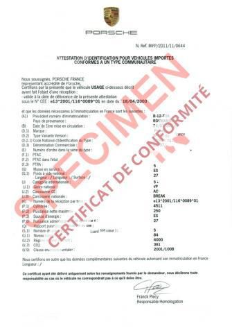 Certificat de conformité Porsche 