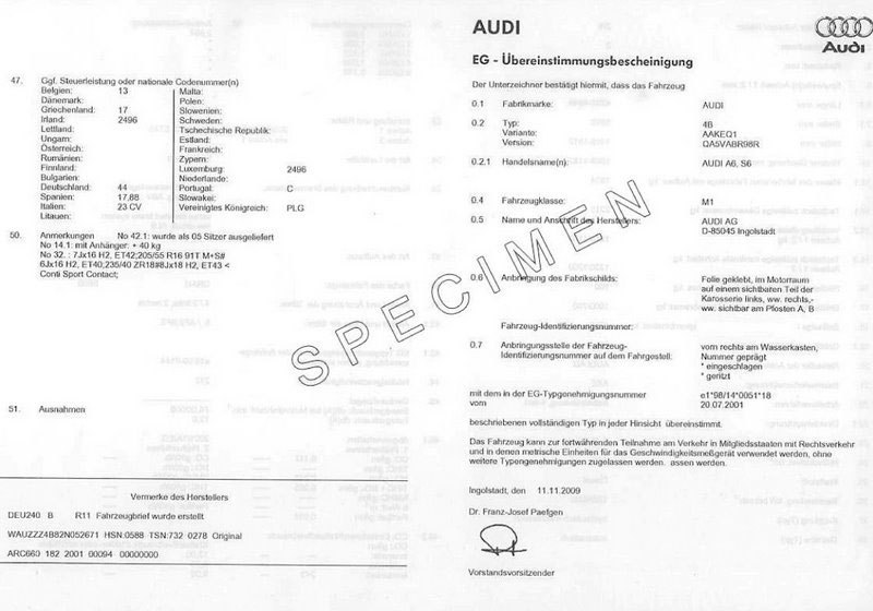 Certificat de conformité Audi : Euro Conformité France
