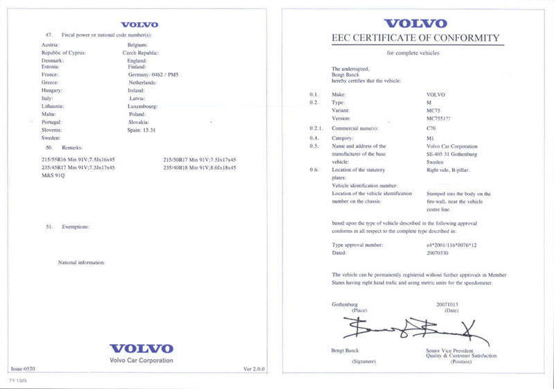 certificat de conformité Volvo