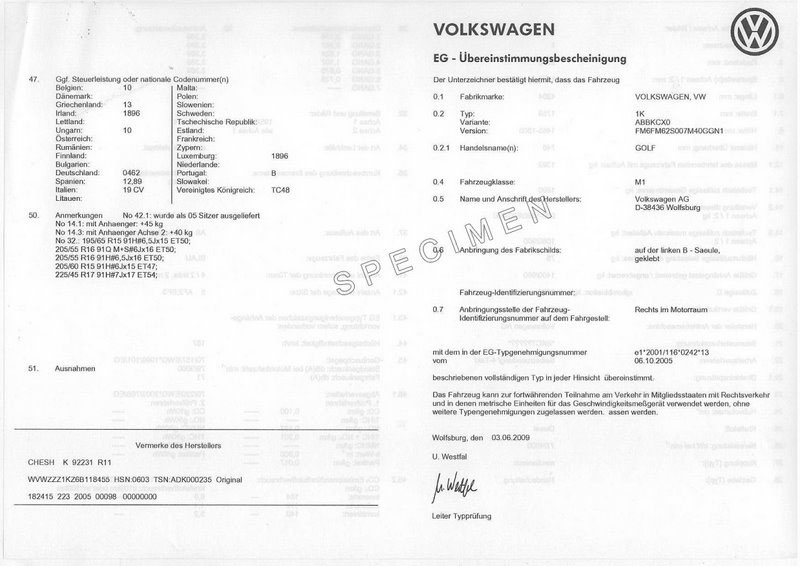 Certificat de conformité Vw